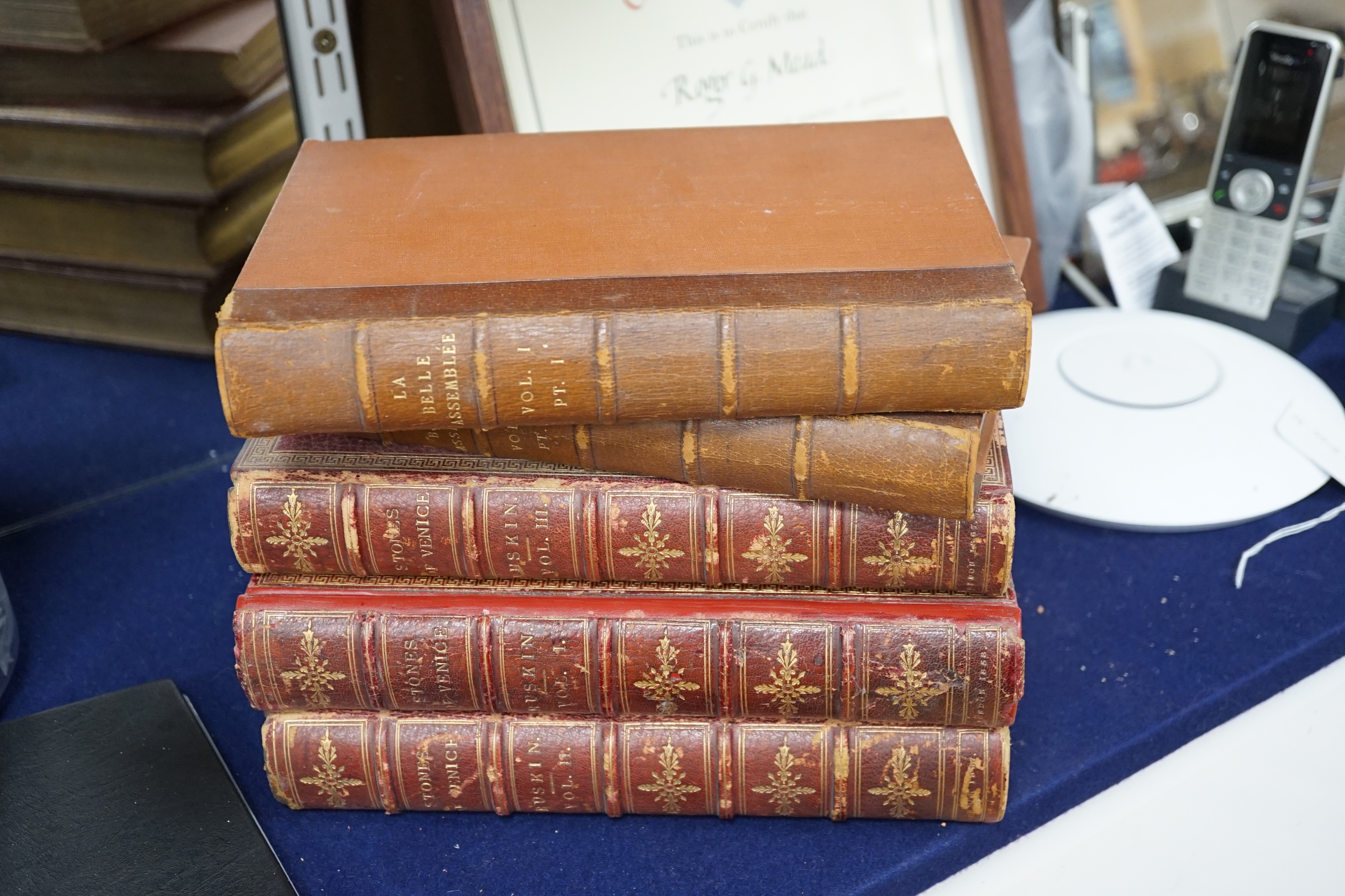 A quantity of assorted books including La Belle Assemblée Vol.I PT.I and PT.II and Ruskin Stones of Venice Vols I, II and III